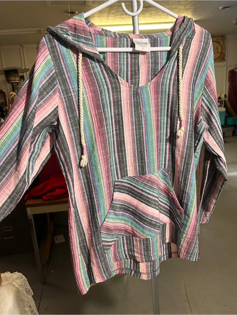 Vintage Baja Hoodie Striped Pullover Boho Hippie Surf Hoodie Drug Rug - Picture 8 of 9